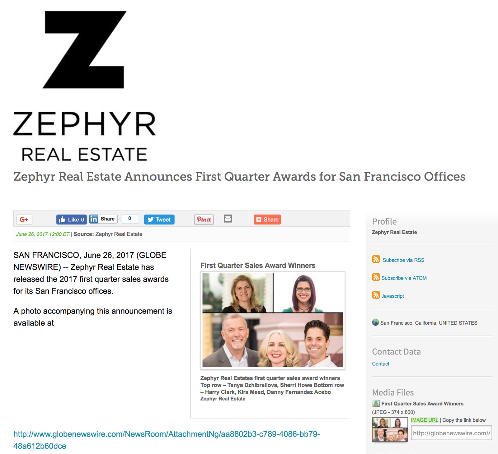 Zephyr Real Estate Announces First Quarter Awards for San Francisco Offices