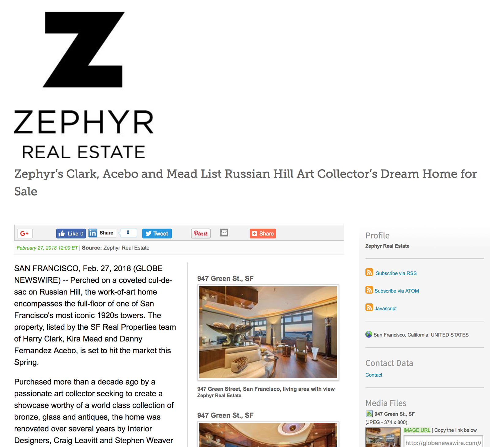 Zephyr’s Clark, Acebo and Mead List Russian Hill Art Collector’s Dream Home for Sale