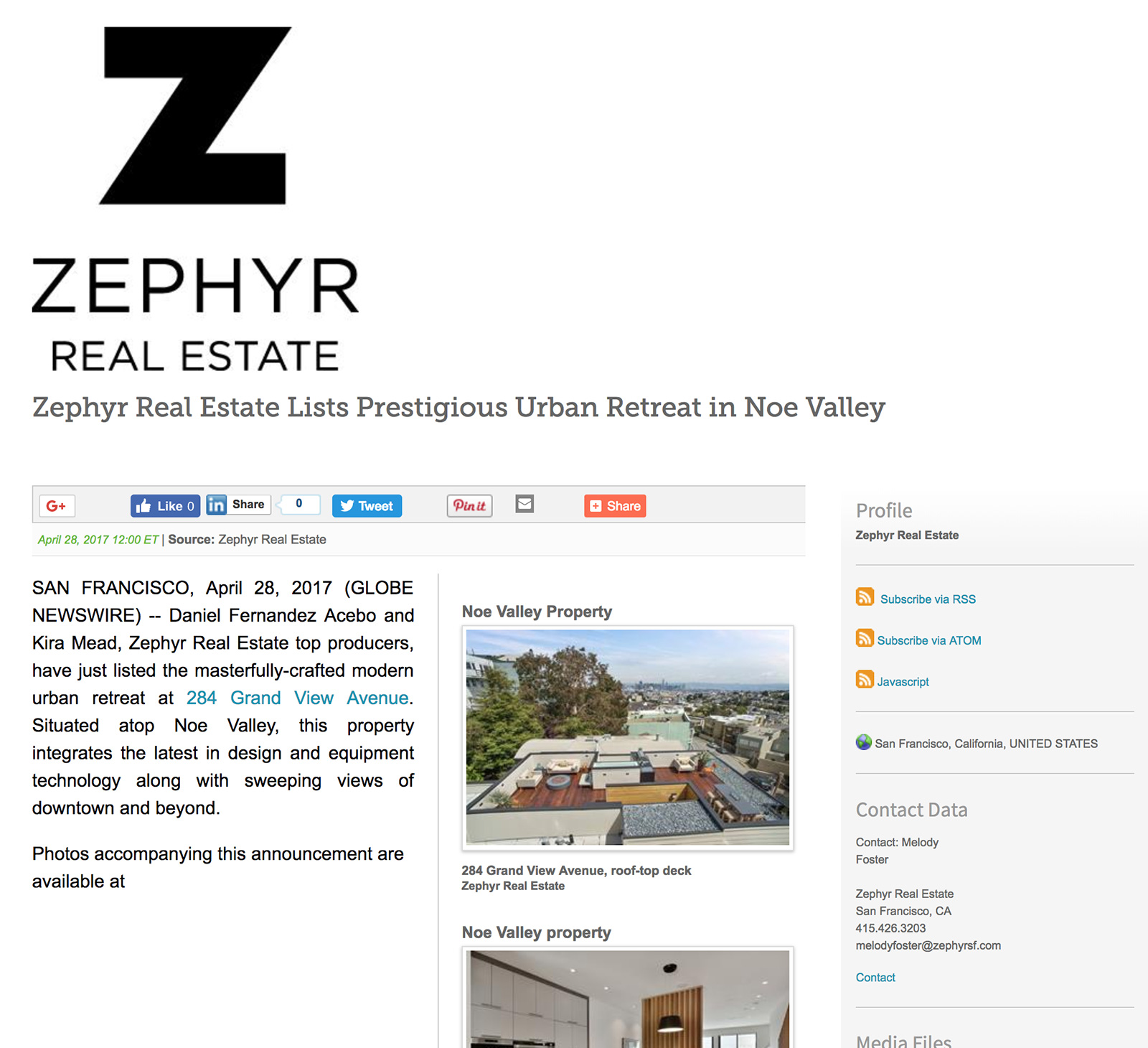 Zephyr Real Estate Lists Prestigious Urban Retreat in Noe Valley